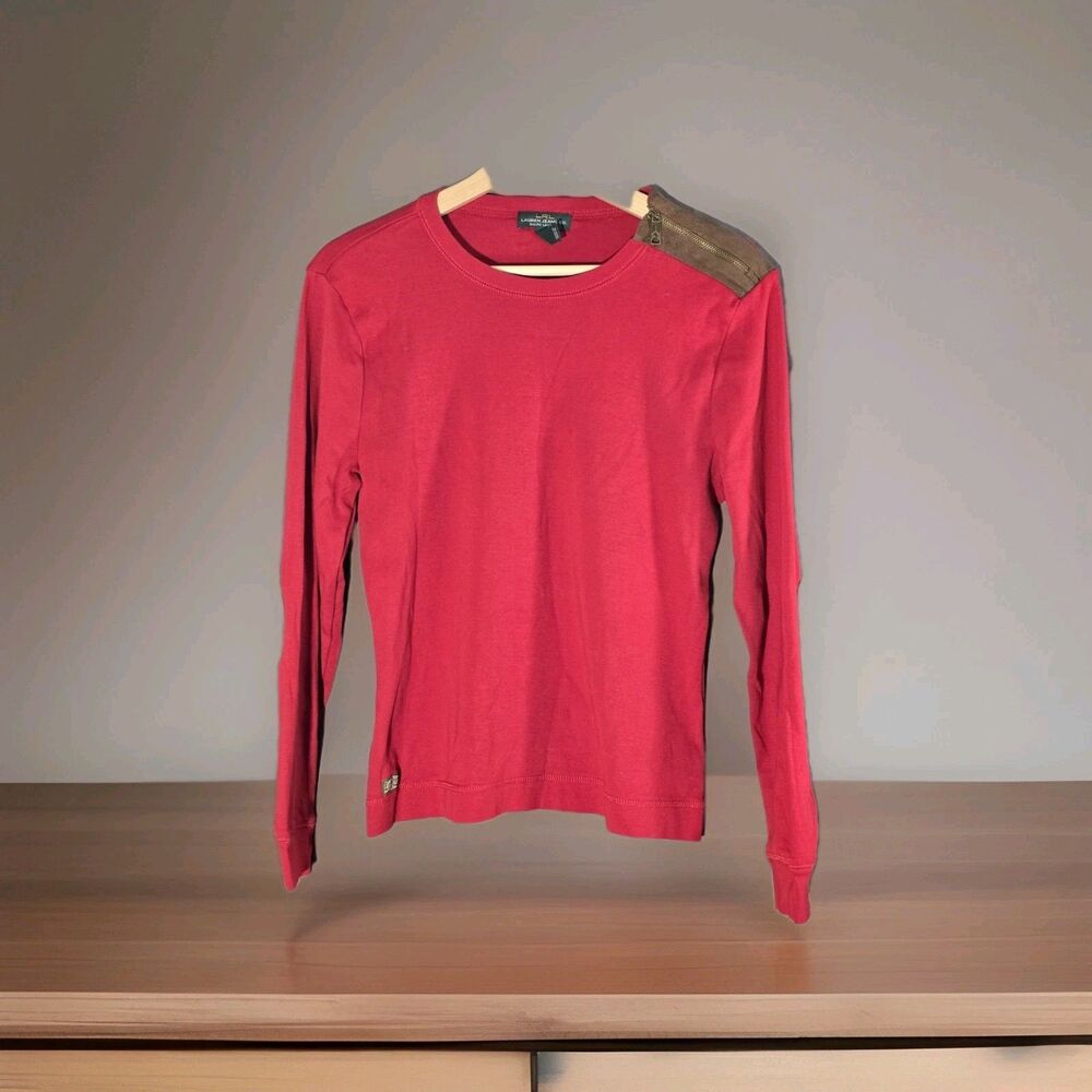 LRL Ralph Lauren Gorpcore Red Cotton Long Sleeve Elbow Patch Top Women's XL - Picture 2 of 8